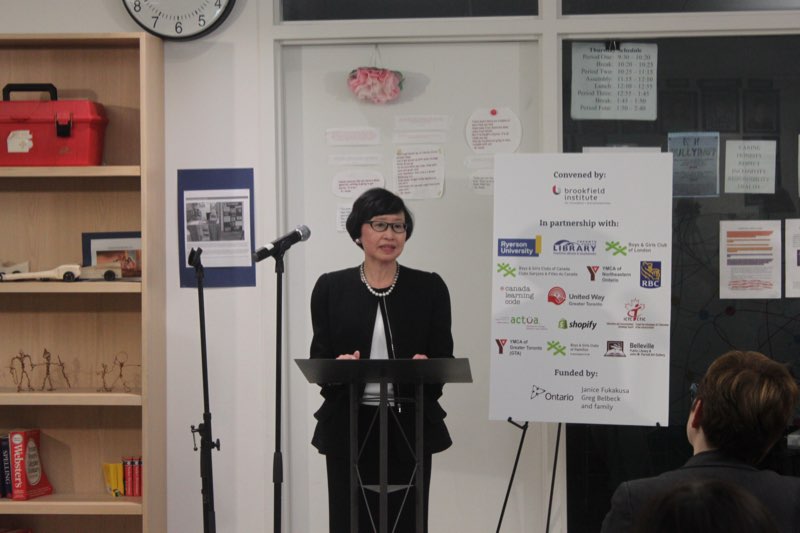 Janice Fukakusa speaking during the Coding and Digital Literacy launch event